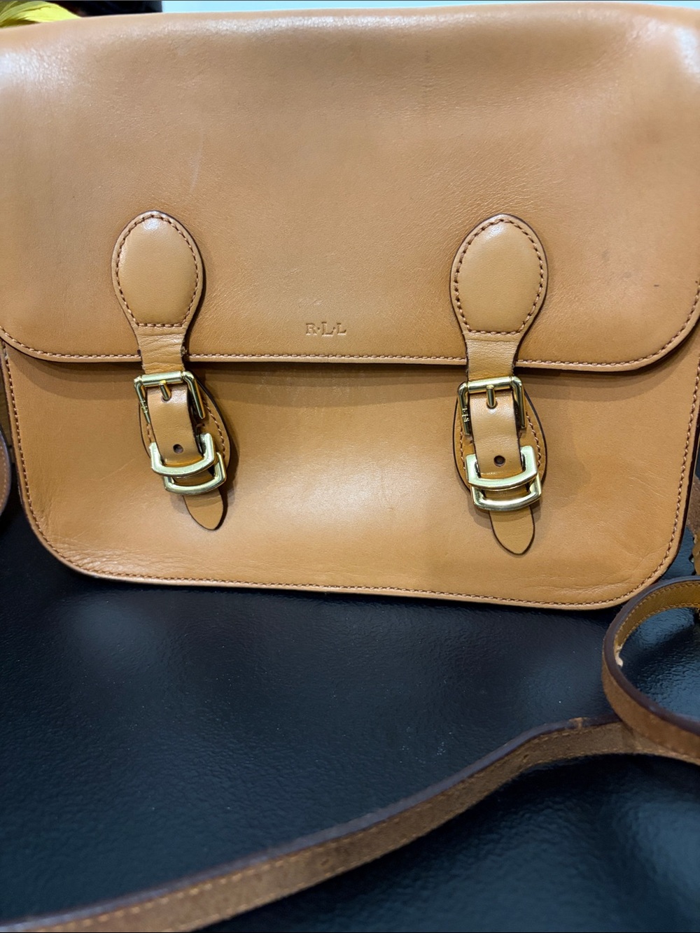Ralph Lauren Tan Leather Crossbody Satchel with Buckle Details